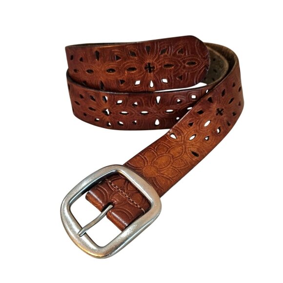 Fossil Leather Perforated Belt Brown Silver Buckle Womens S/M Floral Design - Picture 1 of 7